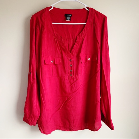 Torrid Red Challis Popover Henley Top Blouse - Picture 4 of 6
